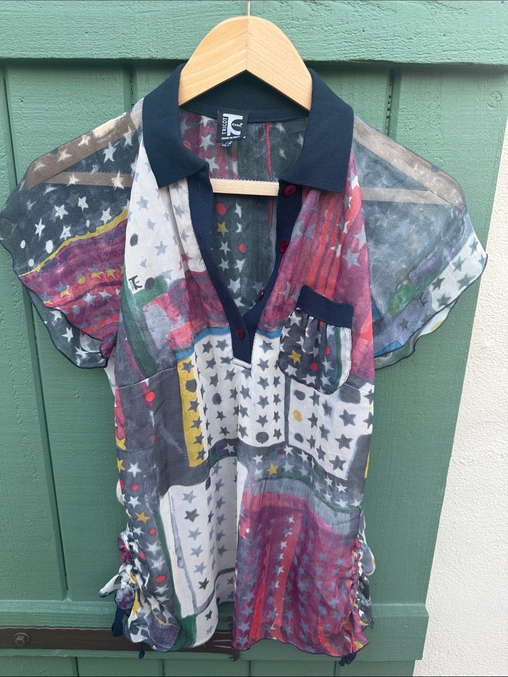 Tricot Chic Sheer Star-Print Polo Tunic with Navy Trim